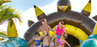 inflatable floating island with slide island fun with built in waterslide