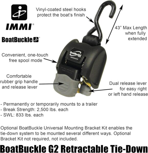 BoatBuckle G2 Retractable Transom Tie-Down (Black), 1 Pair , 2 x 43-Inch