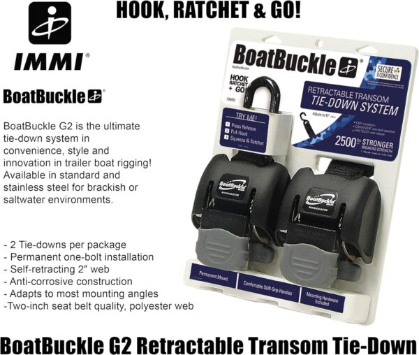 BoatBuckle G2 Retractable Transom Tie-Down (Black), 1 Pair , 2 x 43-Inch