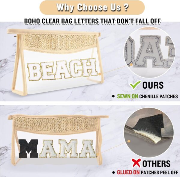 Clear Makeup Letter Patch Makeup Bag BEACH Pouch, Boho Clear Toiletry Bags Travel Small Cute Stadium Chenille Letter Cosmetic Zipper Pouch Purse, Transparent Waterproof Makeup Storage for Women(BEACH)