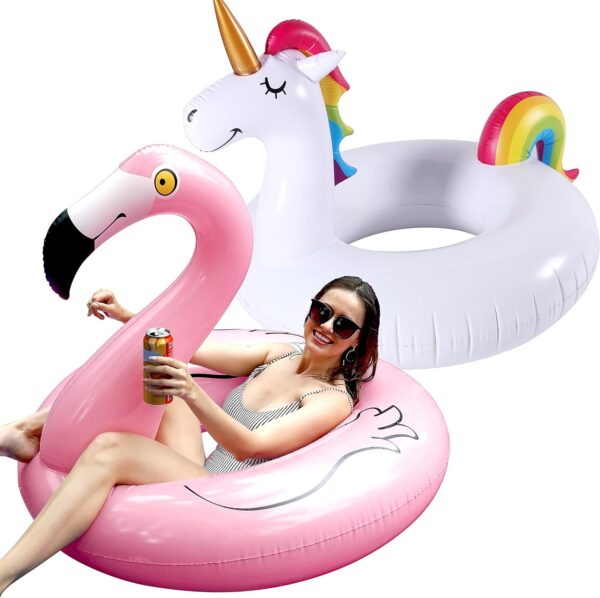 FindUWill 2 Pack 42 Inflatable Pool Floats Flamingo Unicorn Swim Tube Rings, Beach Floaties, Swimming Toys, Lake and Beach Floaty Summer Toy, Pool Float Raft Lounge for Adults Kids