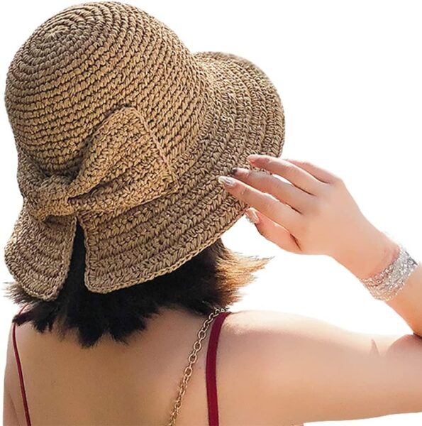Foldable Wide Brim Floppy Straw Beach Sun Hat,Summer Cap with Bowknot for Women Girls,Strap Adjustable