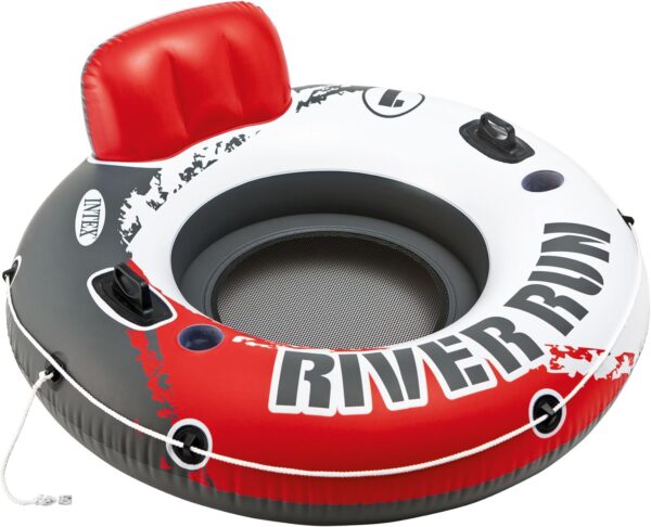INTEX 56825EP River Run 1 Inflatable Floating Lounge: Comfortable Backrest – Built-in Cup Holders – Durable Grab Handles – All Around Grab Rope – 220lb Weight Capacity – Color May Vary