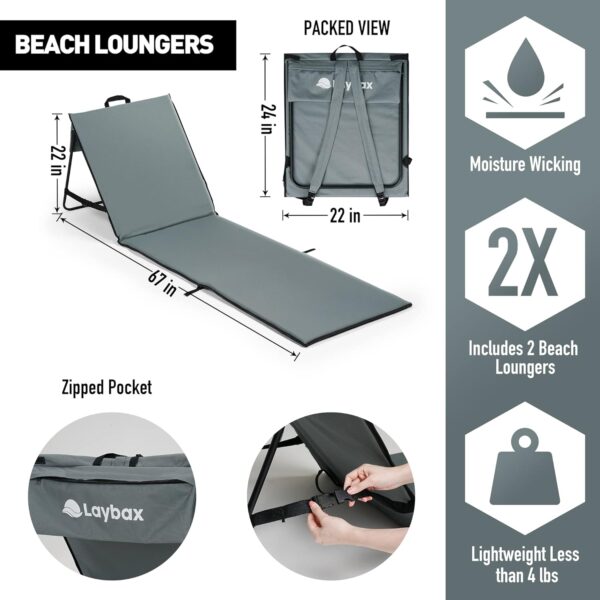 Laybax Beach Lounge Chairs 2-Pack with Backpack, Beach Chairs, Beach Accessories, Lounge Chairs, Loungers, Folding Chair, Tanning Chair, Outdoor Chair, Beach Chairs for Adults 2 Pack, Grey
