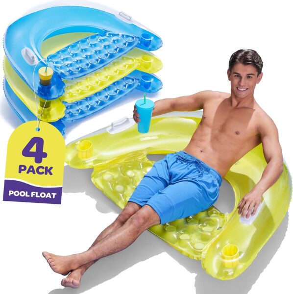 Pool Floats Adult [Set of 4] Inflatable Chair Floats with Cup Holders  Handles - Happy Colorful Pool Floaties - Pool Float Comes in 2 Fun Colors, Blue  Yellow, A Relaxing Floats for Swimming Pool
