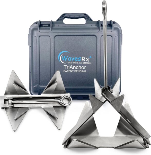 WavesRx 7lb TriAnchor - Stainless Steel Folding Anchor for Boats  Pontoons up to 5,000 lb | Effortless Anchoring Using Patent Pending Design | Sets Faster  Holds Better Than Plow Fluke or Box Anchor