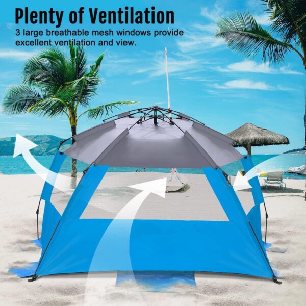 WhiteFang Deluxe XL Pop Up Beach Tent Sun Shade Shelter for 3-4 Person, UV Protection, Extendable Floor with 3 Ventilating Windows Plus Carrying Bag, Stakes, and Guy Lines