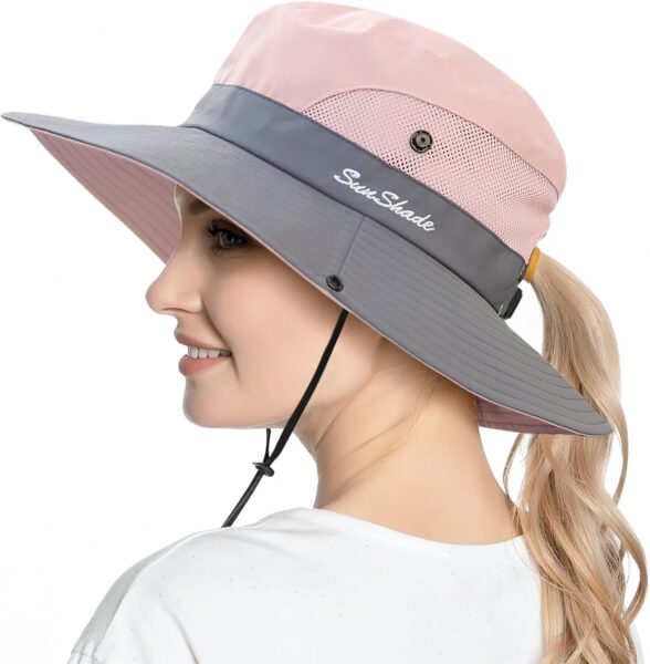 Womens Ponytail Sun Hat UV Protection Wide Brim Foldable Summer Beach Fishing Hats