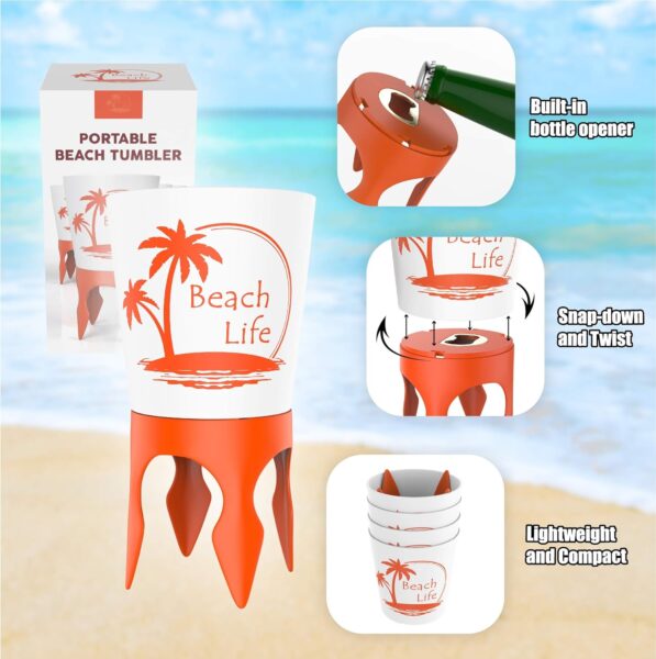 Beach Vacation Accessories, 4 Beach Cup Holders Sand w/Bottle Opener Spikes, Drink Holder Coaster Spike Cups for Women Men Adults, Sand Cup Holders Beach Lover Gifts Items
