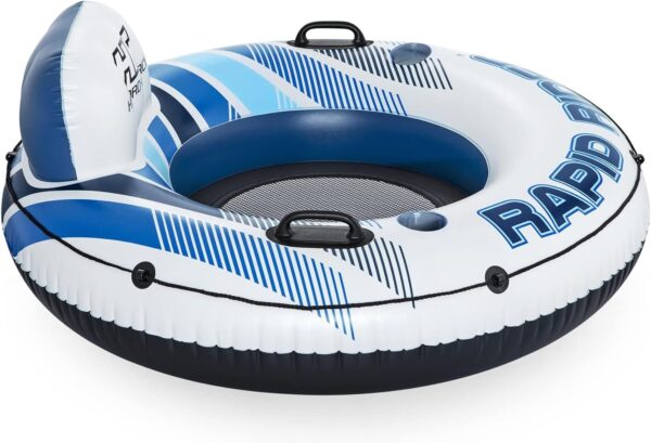 Bestway 43116E Hydro Force Rapid Rider Inflatable River Lake Pool Inner Tube Float with Built in Backrest and Wrap Around Grab Rope, Blue and White