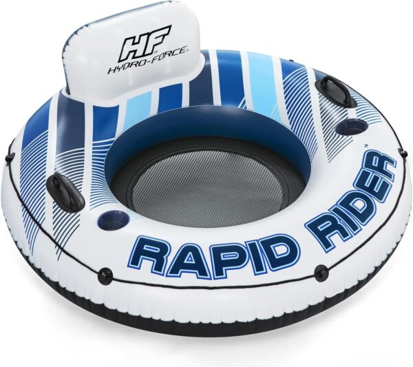 Bestway 43116E Hydro Force Rapid Rider Inflatable River Lake Pool Inner Tube Float with Built in Backrest and Wrap Around Grab Rope, Blue and White