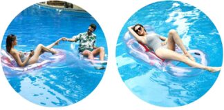 finduwill inflatable pool floats lounger for adults 2 pack large pool floats raft with headrest cup holder 62 pool float 4