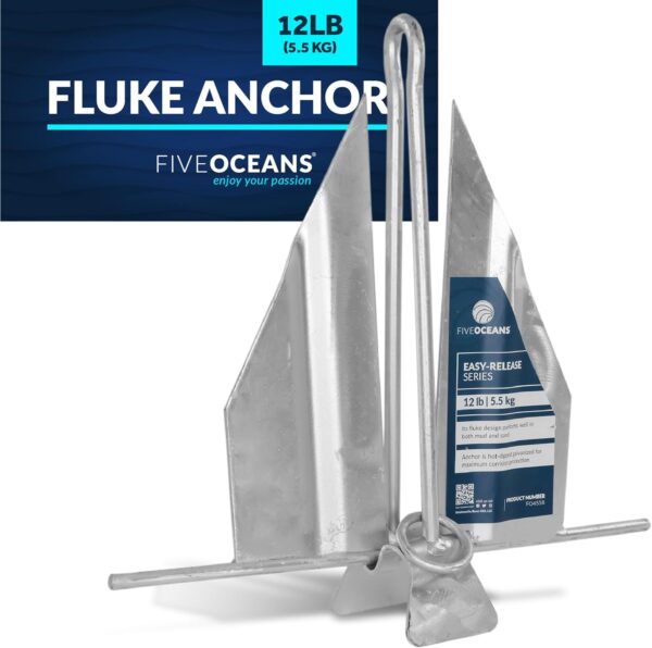 Five Oceans Fluke Anchor, Easy-Release Utility Boat Anchor with Slip Ring Shank, Hot Dipped Galvanized Steel, Multiple Sizes, for Pontoon, Fishing Boats, Sport Boats