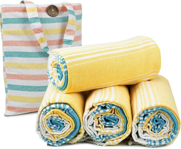HILLFAIR 100% Cotton Turkish Beach Towels- Hammam Towel- 39 x 72 XXL Oversized Beach Towels for Adults- Light Sand Free Beach Bath Towels- Clearance Gifts Beach Accessories-Set of 4-Yellow Blue