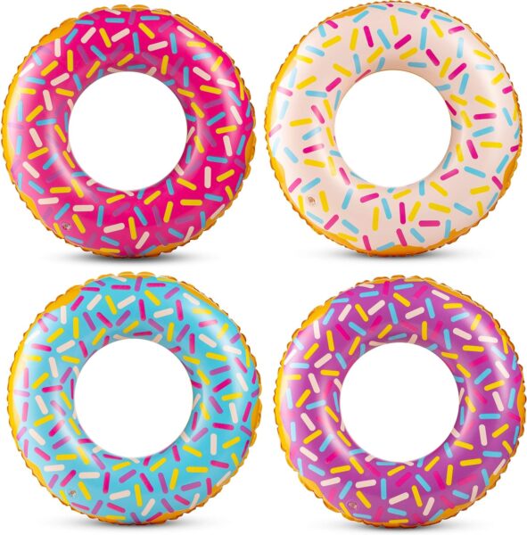 Inflatable Donuts - (Pack of 4) 24 Inch Donut Pool Toys for Kids in Assorted Color Rings with Sprinkles for Donut Party Decorations, Party Favors, Beach and Summer, Photo Props, Themed Birthday Décor