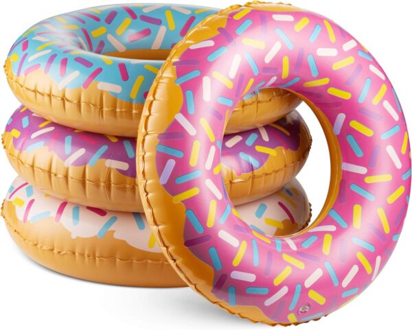 Inflatable Donuts - (Pack of 4) 24 Inch Donut Pool Toys for Kids in Assorted Color Rings with Sprinkles for Donut Party Decorations, Party Favors, Beach and Summer, Photo Props, Themed Birthday Décor
