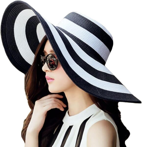 Itopfox Womens Beachwear Sun Hat Striped Straw Hat Floppy Big Brim Hat