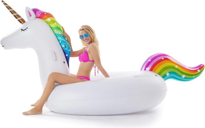 jasonwell giant inflatable unicorn pool float floatie ride on with fast valves large rideable blow up summer beach swimm 4