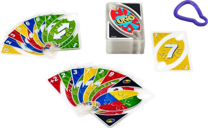 mattel games uno splash card game with waterproof cards and portable clip for travel camping and game nights away 1