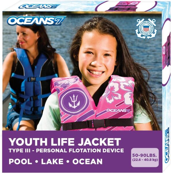 New Oceans7 US Coast Guard-Approved, Type III Youth Life Jacket - Personal Flotation Device with Flex-Form Chest and Open-Sided Design – Pink/Berry