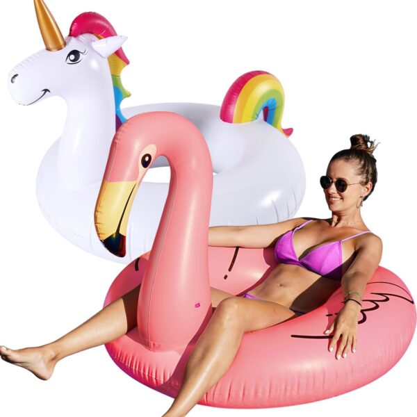 PARENTSWELL 2 Pack Flamingo Unicorn Pool Floats - 43 Giant Inflatable Flamingo Swimming Pool Ring Float, Inflatable Ride On Lake Swim Pool Floaties Toys for Adults