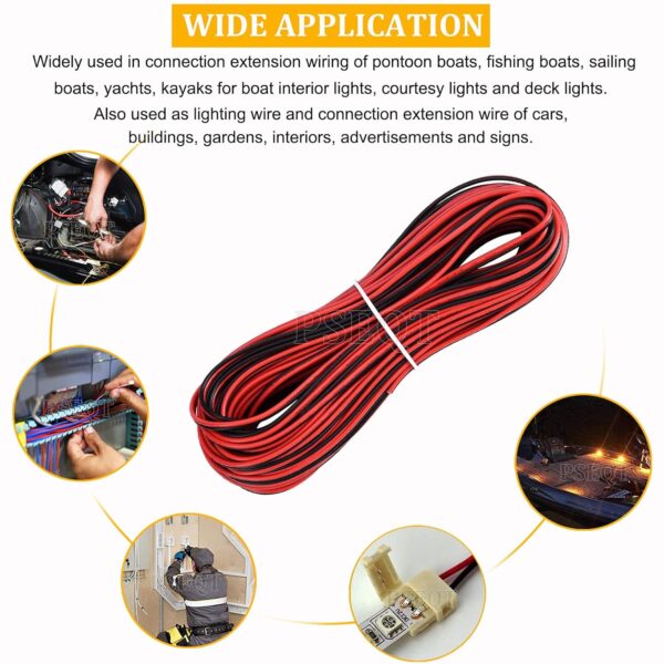 PSEQT Marine Boat LED Lights Wire, 100ft/30M 22AWG 2pin Extension Cable Wires Cord for 3528 5050 5630 Led Strip Light for Pontoon Boat Kayak Stern Anchor Courtesy Navigation Bow