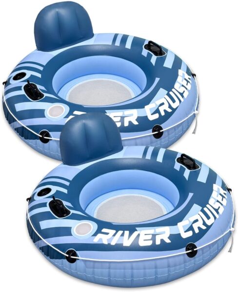 TINSUN Heavy Duty River Float Tubes for Adults - Upgraded Design Sport Lounge, Mesh Bottom, Cup Holders, Handles, Headrest - Inflatable Water Float for Beach, Lake, Pool, Rafting