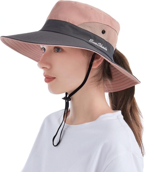 Tutuko Womens Wide Brim Sun Hats Foldable UV Protection Beach Bucket Hats Ponytail Mesh Fishing Hat