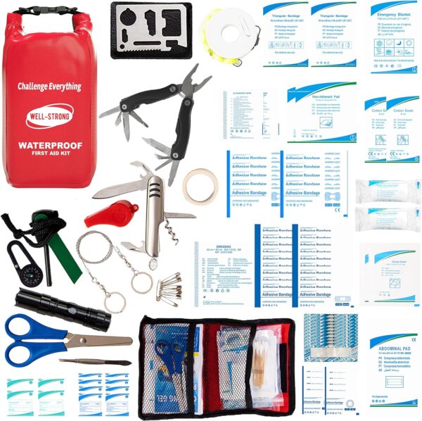 WELL-STRONG Survival First Aid Kit 123pcs Waterproof Boat Emergency Kit for Fishing Kayaking Boating Swimming Camping Rafting Beach