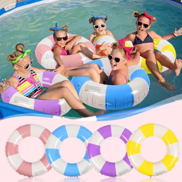 Wettarn 4 Pcs Pool Tubes with Fun Prints, Inflatable Floats Swimming Ring Toys, Classic Striped Inner Tubes for Pool, Bachelorette Pool Floaties for Summer Beach Party Decor Supplies