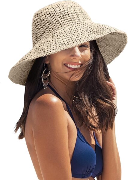Women Straw Hat Foldable Floppy Straw Wide Brim Sun Hat Beach Cap Summer Crochet Hat