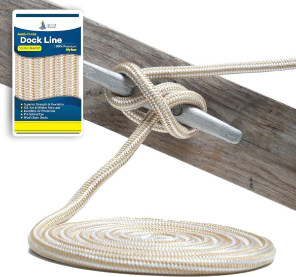 1/2 x 15 - Gold/White (2 Pack) Durable Double Braided Nylon Dock Line - for Boats up to 35 - Long Lasting Mooring Line - Strong Nylon Dock Lines for Boats - Marine Grade Sailboat Docking Line