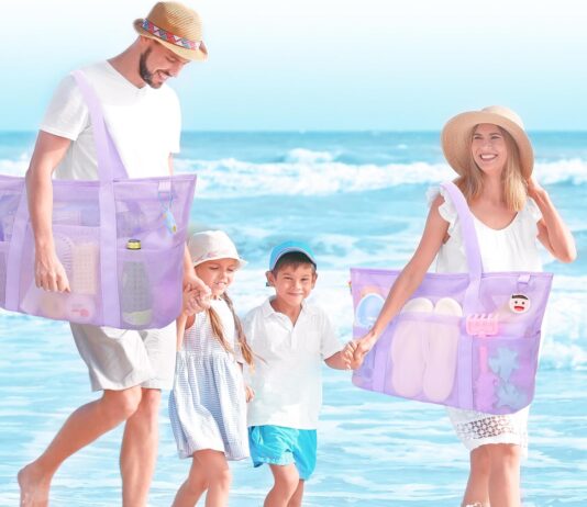 tagitary beach toys mesh beach bag with zipper and 8 pockets large beach tote waterproof sandproof storage travel bag 3