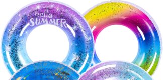 4 pcs rainbow glitter pool float inflatable for kids adults rainbow swimming pool rings confetti pool tube supplies for 