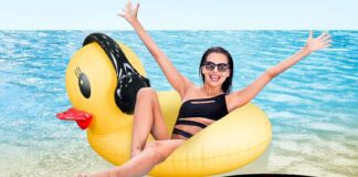 deeprbetter inflatable duck pool float with lights solar powered pool inflatables duck floaties for adults kids 42 large 2