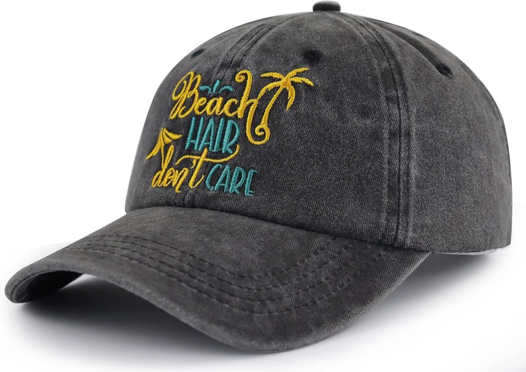 Beach Hair Dont Care Hat for Women Men, Funny Adjustable Washed Cotton Embroidered Summer Sun Beach Baseball Cap