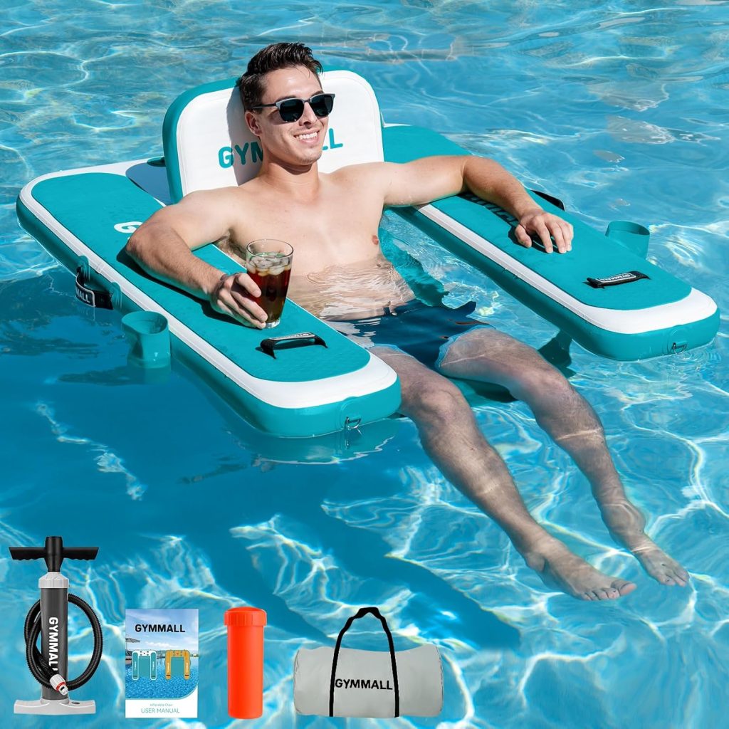 Inflatable Pool Lounger Float, Tanning Pool Chair Float for Adults, 47 L×39 W/53 L*43 W Sunchill Floating Chair Dock for Outdoor Lake, River and Beach with Storage Bag and 2 Cup Holders