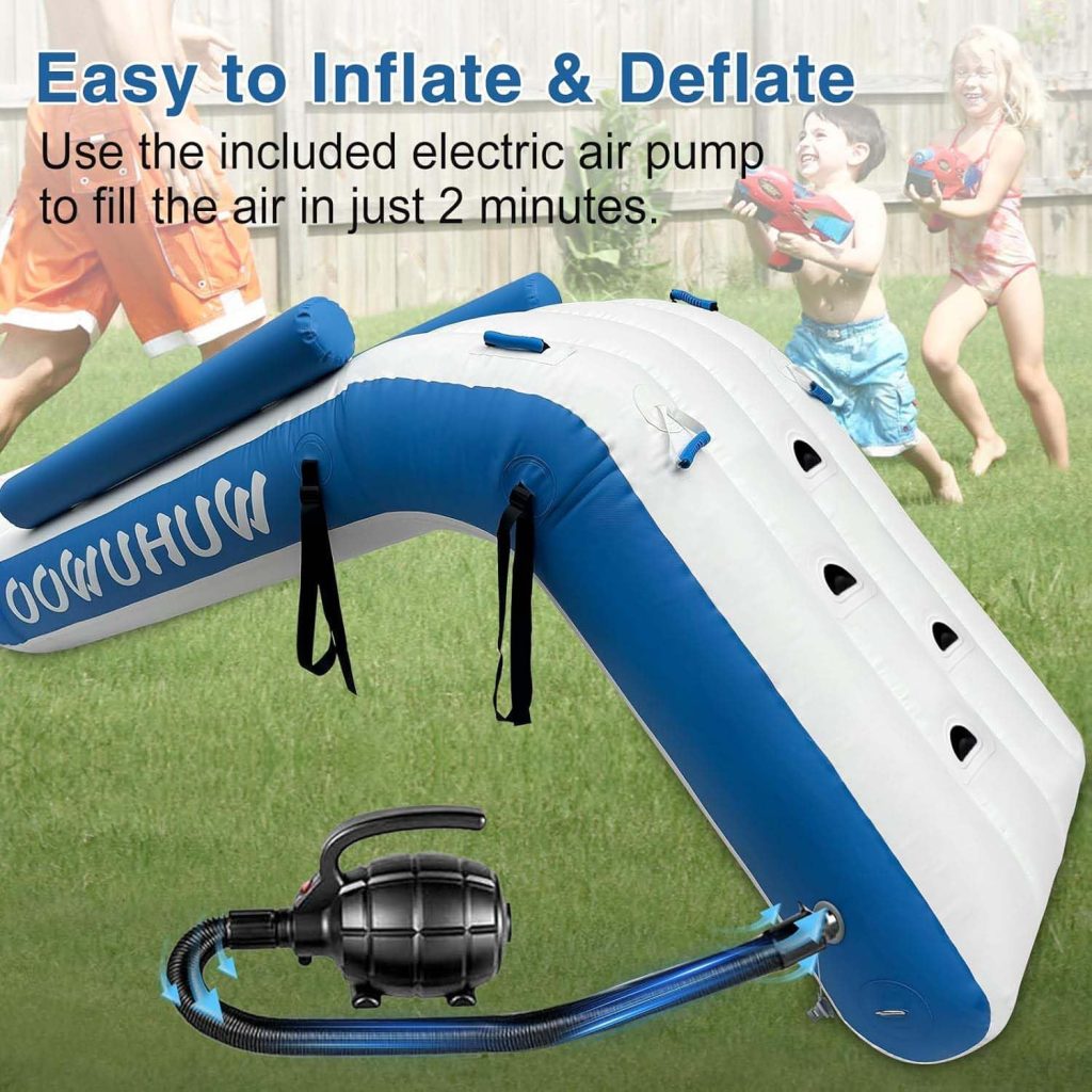 Pontoon Waterfall Slide, Inflatable Pontoon Boat Water Slide for Kids Backyard Pool Sea, Electric Air Pump  Storage Bag