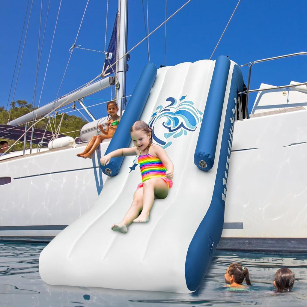 Pontoon Waterfall Slide, Inflatable Pontoon Boat Water Slide for Kids Backyard Pool Sea, Electric Air Pump  Storage Bag