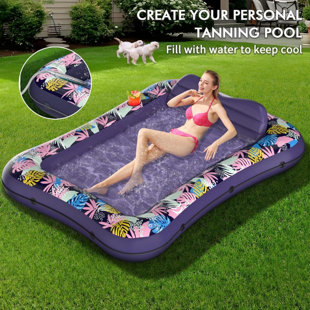 Tanning Pool Lounger Float, OKSUWATER 87 x 63 Pool Floats Adult with Headrest  Drink Holder, Blow-Up Bed Sun Tan Tub for Sunbathing, Beach, Backyard, Outdoor, Summer Water Party, XL