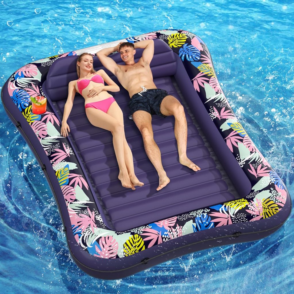 Tanning Pool Lounger Float, OKSUWATER 87 x 63 Pool Floats Adult with Headrest  Drink Holder, Blow-Up Bed Sun Tan Tub for Sunbathing, Beach, Backyard, Outdoor, Summer Water Party, XL