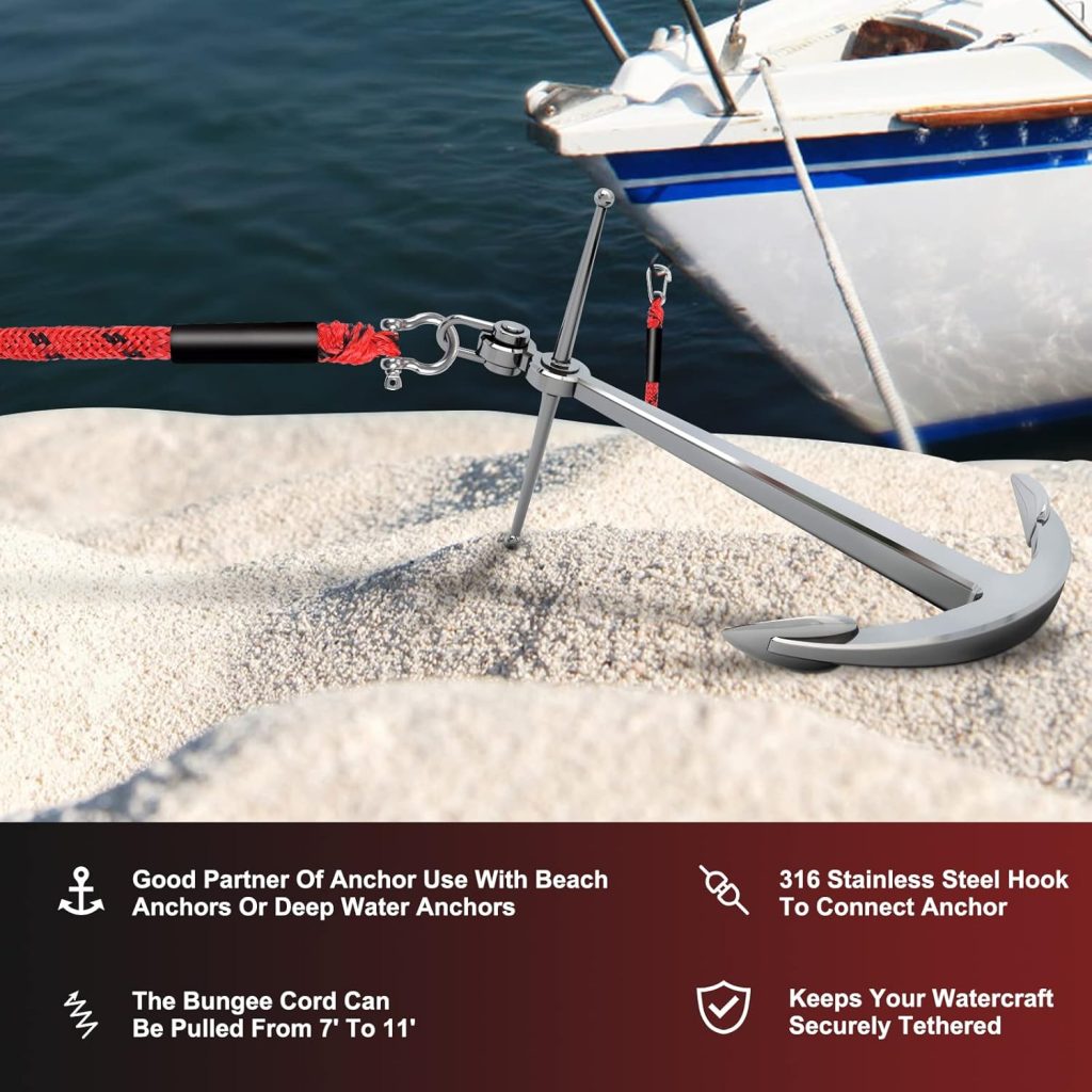 Bungee Anchor Dock Lines with Clip Boat Accessories for Anchoring Pontoon,Jet Ski,Extra with A Shackle Great Option for Docking SeaDoo, Yamaha WaveRunner, Kayak at BeachSandbar,14 Feet