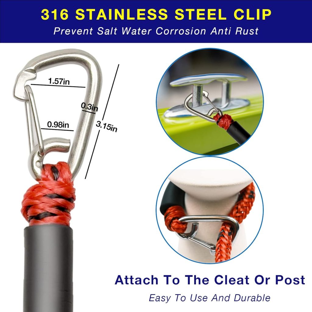 4 Pack Bungee Boat Dock Line with Stainless Steel Clip 3FT Mooring Rope Boat Accessories Docking Lines PWC Dockline for Boats Kayak, Jet Ski, Pontoon, Canoe, Power Boat WaveRunner(RedBlack)