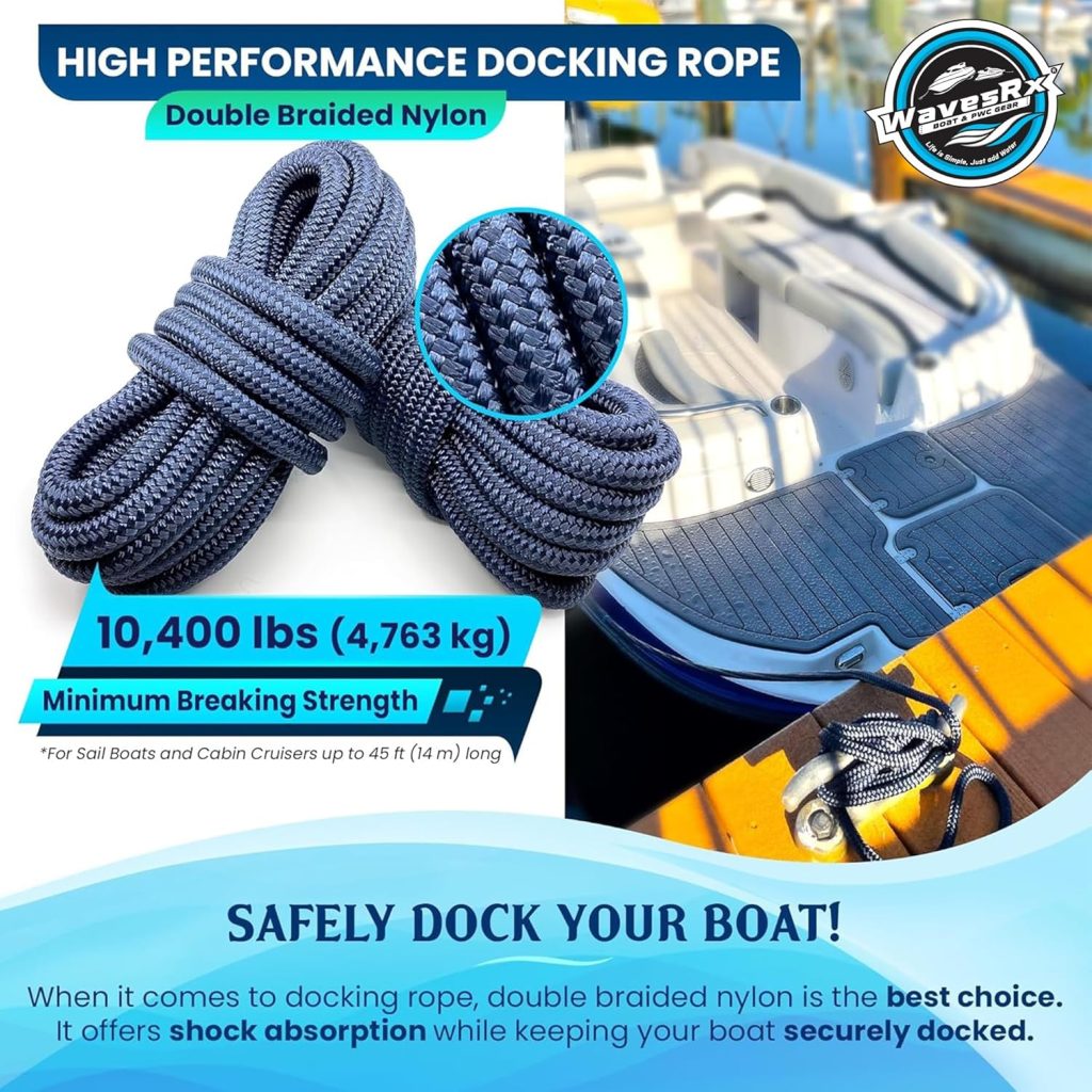Premium Nylon Boat Dock Lines  Ropes for Docking  Pontoon | Double Braided Marine Rope | Boat Ropes for Docking with Loop | UV  Saltwater Resistant Dock Ropes for Boats  Mooring Line