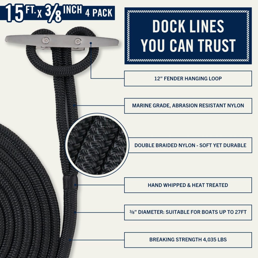 RainierSupplyCo Dock Lines 2-Pack - Boat Rope for Docking with Loop - 15 ft x 3/8 Inch Premium Double Braided Nylon Marine Rope - Mooring Line with 12 Eyelet - Boat Accessories - Black