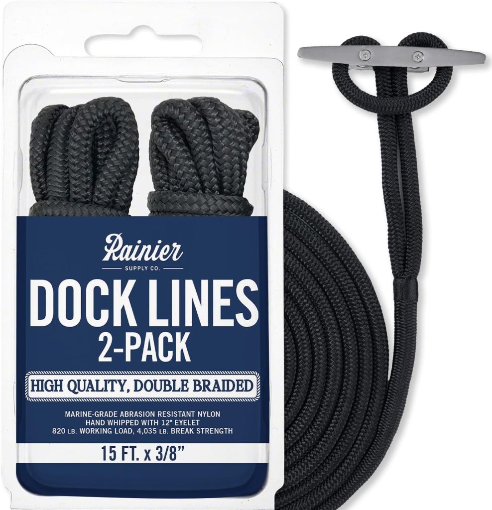 RainierSupplyCo Dock Lines 2-Pack - Boat Rope for Docking with Loop - 15 ft x 3/8 Inch Premium Double Braided Nylon Marine Rope - Mooring Line with 12 Eyelet - Boat Accessories - Black