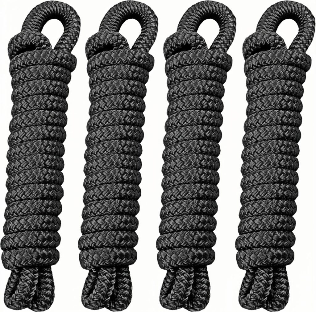 4 Pack 1/2 x 6 Boat Fender Lines - Marine Grade Nylon Boat Rope with 10 Loop for Tying Fenders and Docking Small Boats - Double Braided Dock Lines, Easy Handling, Fray Resistant - Black