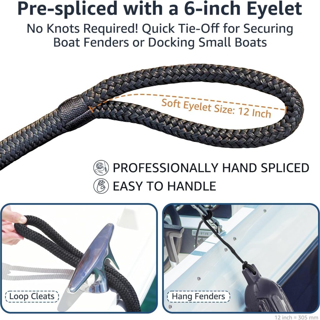4 Pack 1/2 x 6 Boat Fender Lines - Marine Grade Nylon Boat Rope with 10 Loop for Tying Fenders and Docking Small Boats - Double Braided Dock Lines, Easy Handling, Fray Resistant - Black