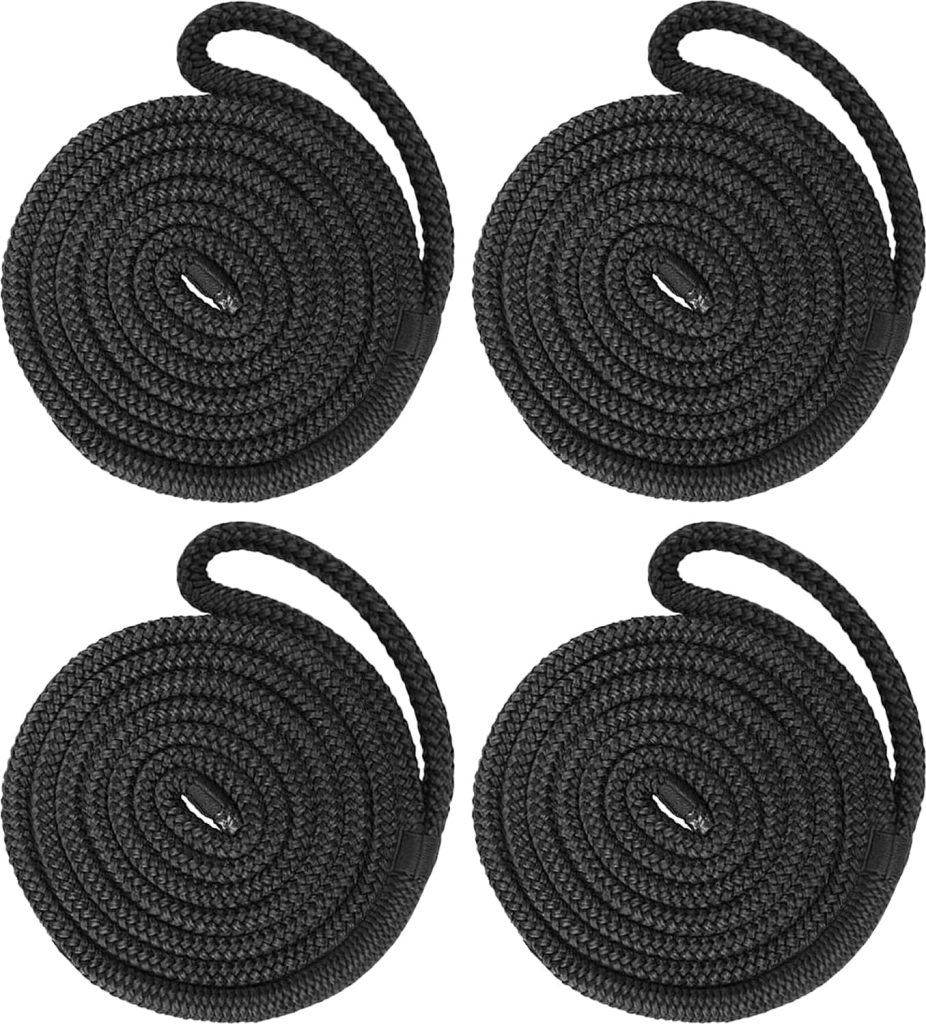 4 Pack 1/2 x 6 Boat Fender Lines - Marine Grade Nylon Boat Rope with 10 Loop for Tying Fenders and Docking Small Boats - Double Braided Dock Lines, Easy Handling, Fray Resistant - Black