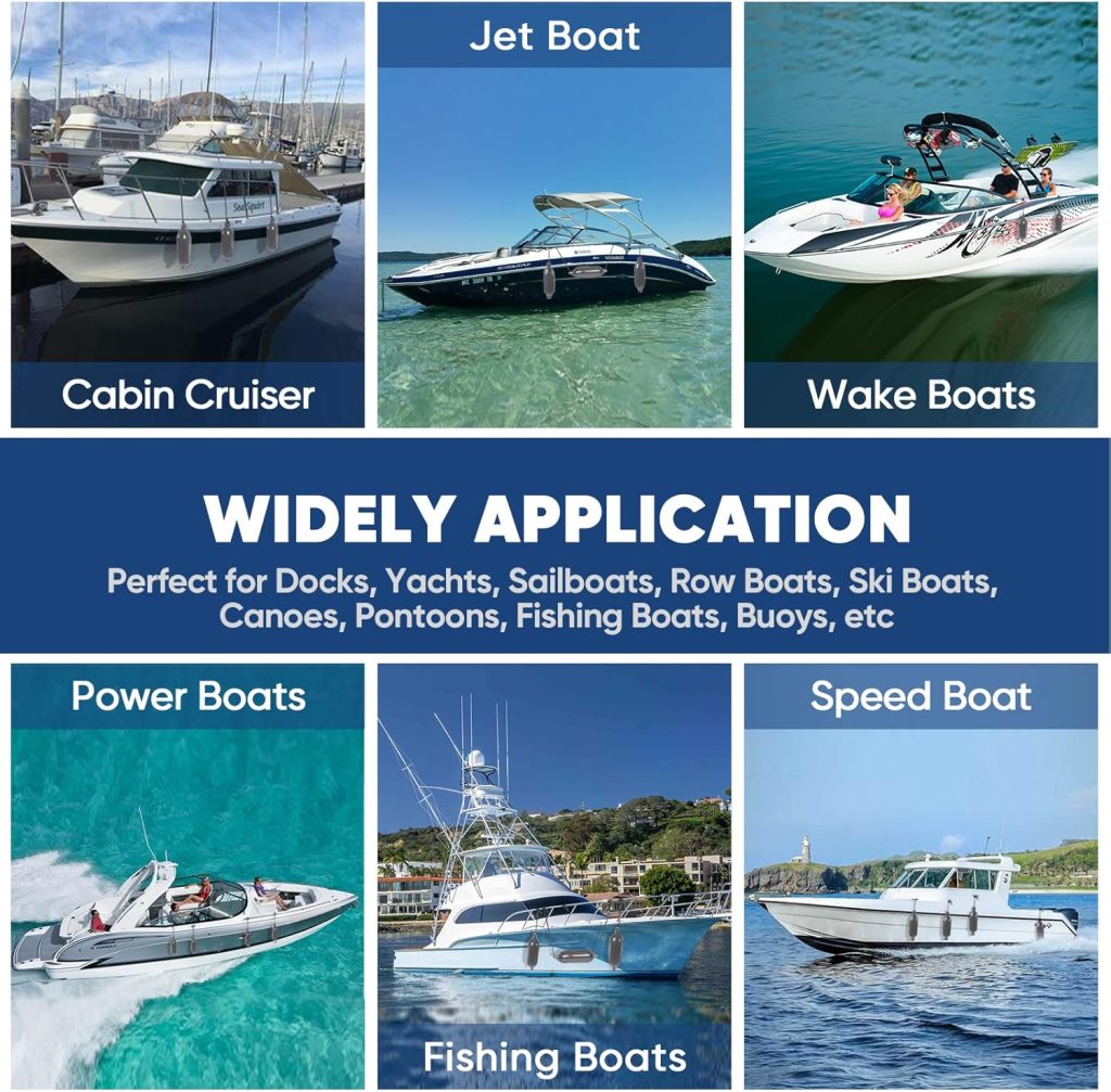 Dreizack Boat Fenders 4 Pack, Boat Bumpers for Docking with 4 Ropes, Inflatable Ribbed Marine Pontoon Boat Fender Bumper for Docks with 1 Storage Bag, 1 Air Pump and 4 Needles